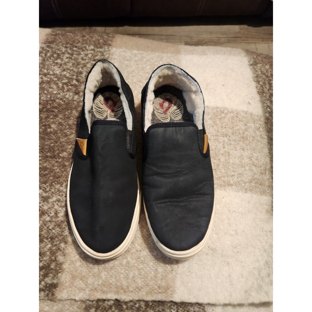 Olukai Women's Black and Cream Slip-On Leather Loafers